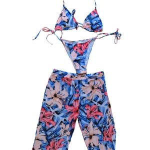 NEW 3 Piece Bathing Suit Blue/Red/Orange Floral Design Bikini And Pant M…